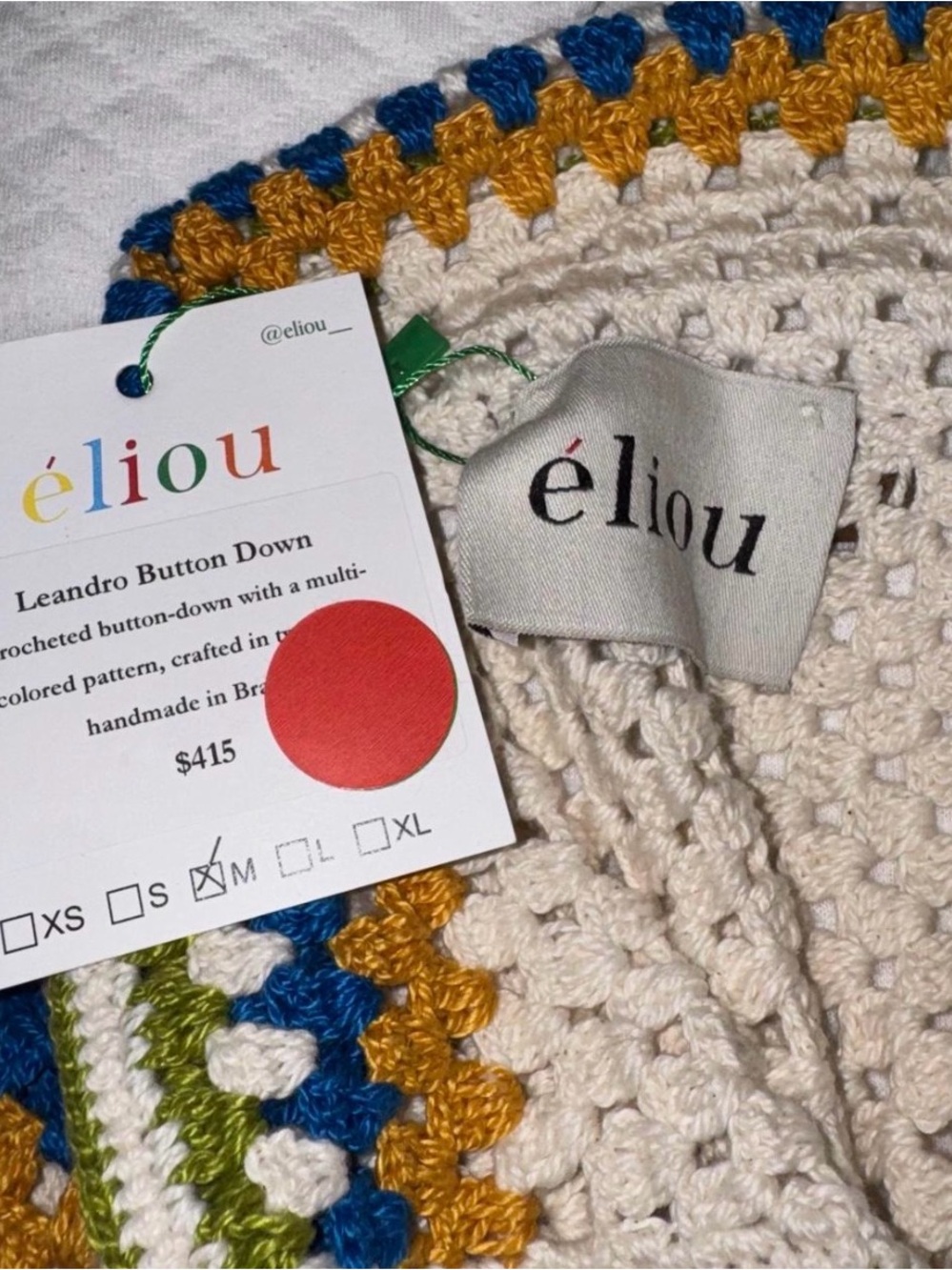 Eliou Cream Crocheted Button-Down Sweater with Blue & Mustard Trim